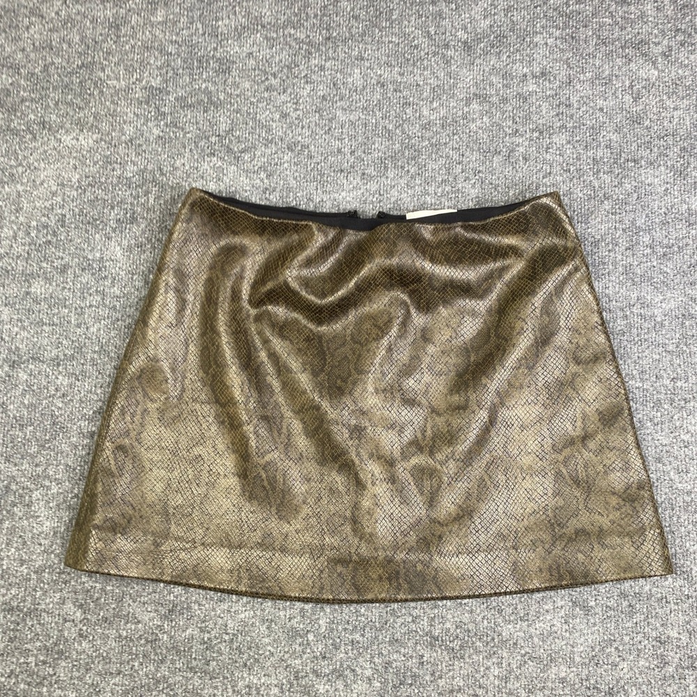 Jason Wu Faux Leather Mini Skirt Gold Snakeskin Metallic Print A-Line Womens